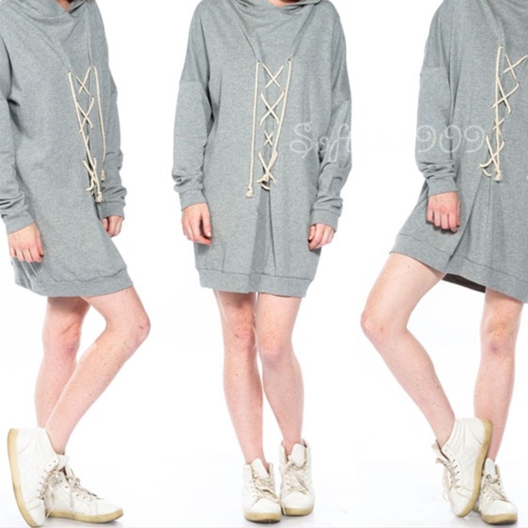 ☝️Gray Laced Up Hooded Long Tunic Sweatshirt Dress - Picture 6 of 7